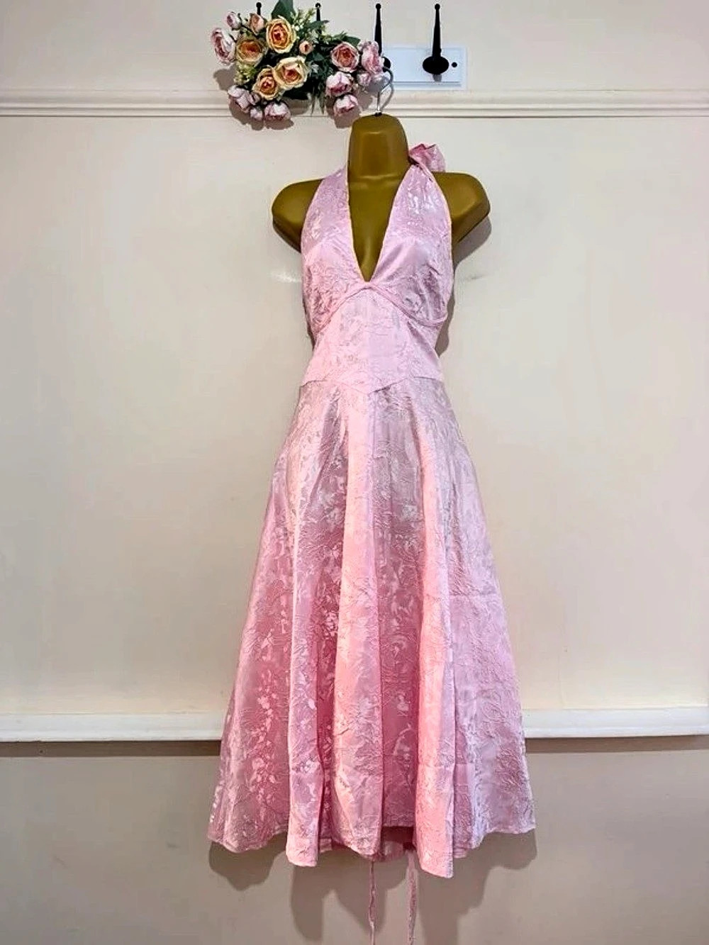 Pink Floral Halter Midi Dr